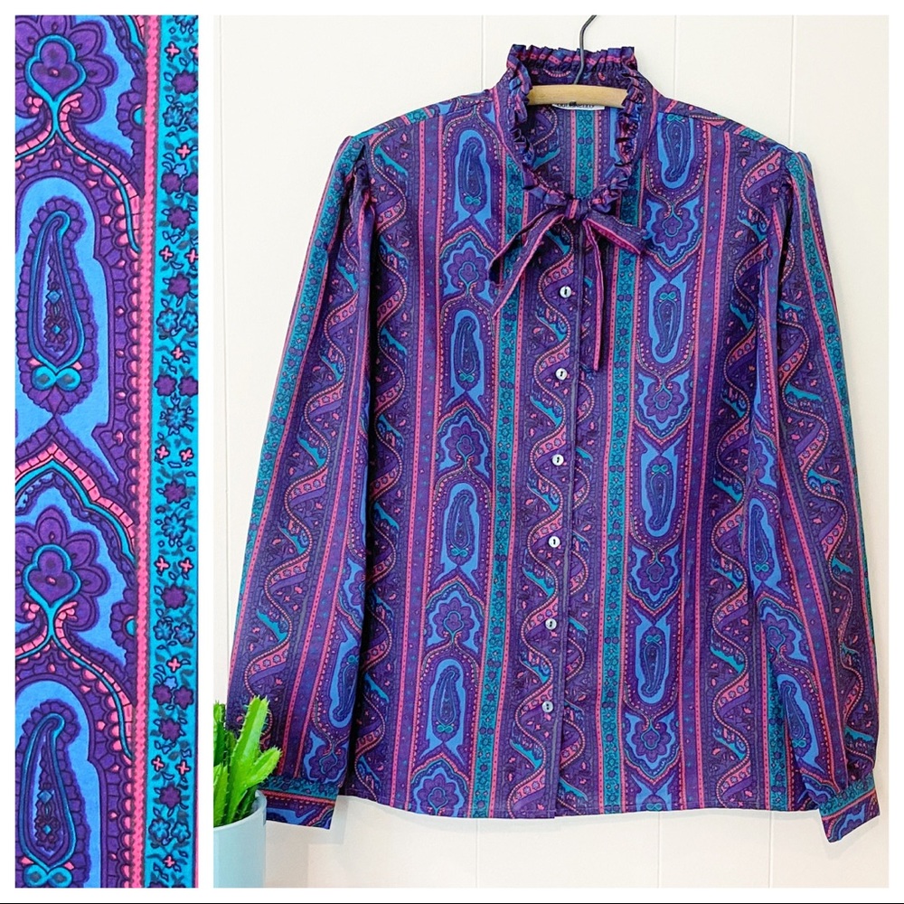 ❌SOLD❌VTG 80s Donn Kenny Paisley High Neck Ruffle Blouse